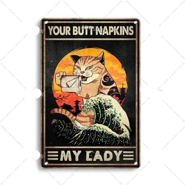 Artystyczny Metalowy Plakat z Kotem 30x20 cm – Stylowa Dekoracja Wnętrz, Humorystyczny Motyw do Salonu i Biura