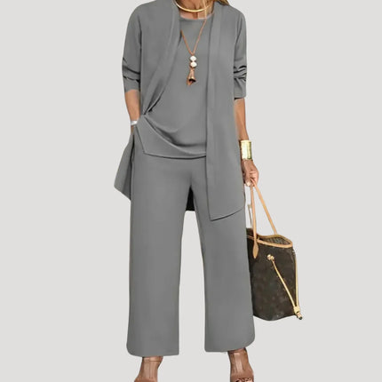 Elegant mother of the bride dress set with jacket – floor-length chiffon dress, boat neckline, long sleeves