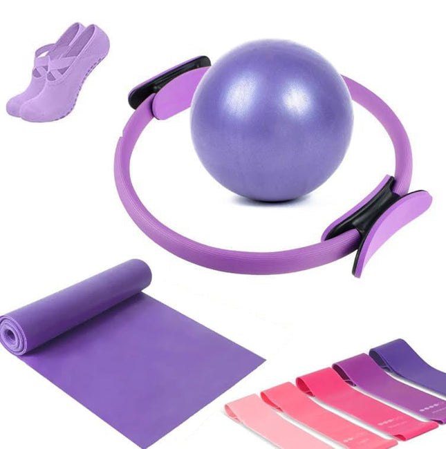 9-częściowy zestaw sprzętu do pilatesu do ćwiczeń w domu z taśmami oporowymi, kółkiem, piłką i skarpetkami antypoślizgowymi 0