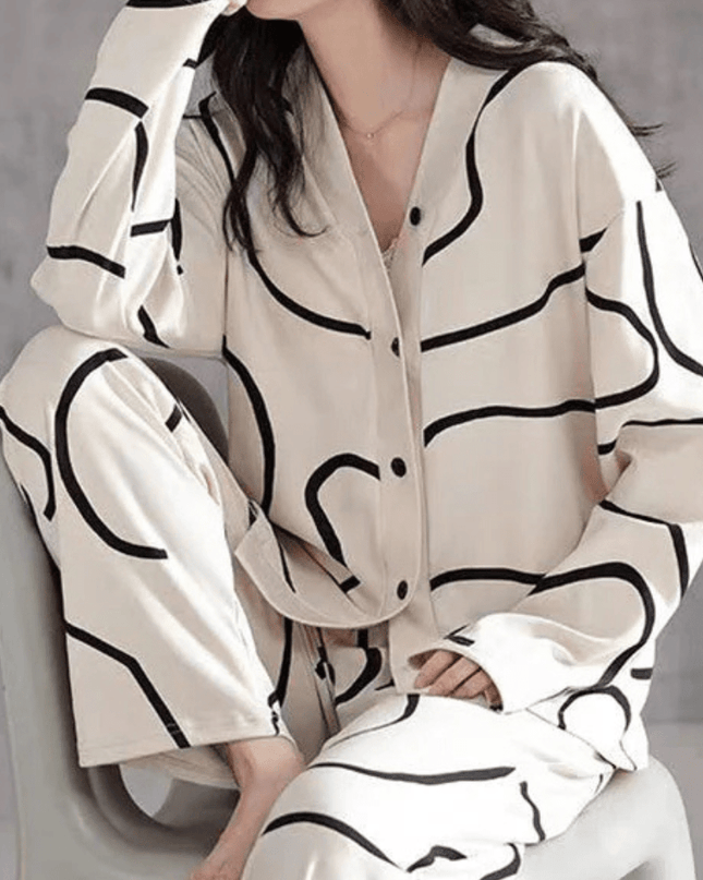 AbstractLounge – Stylowy 2-częściowy komplet piżamowy – Elegancka kremowo-czarna bielizna nocna dla kobiet 1