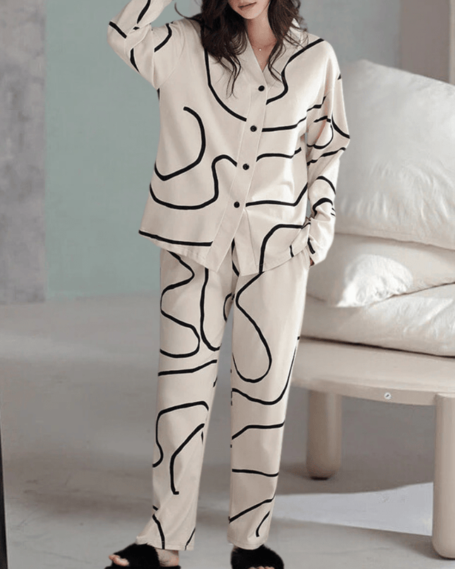 AbstractLounge – Stylowy 2-częściowy komplet piżamowy – Elegancka kremowo-czarna bielizna nocna dla kobiet 3