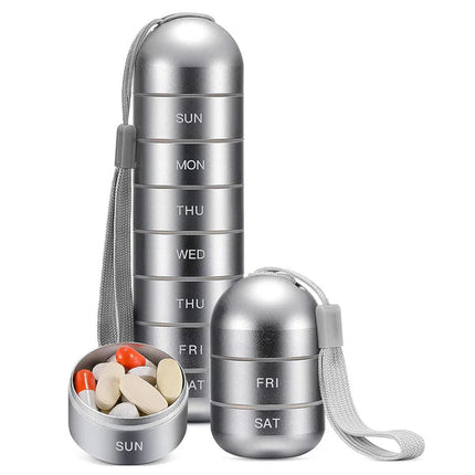Aluminiowy Organizer na Pigułki na 7 Dni – Przenośny Pojemnik, Wodoodporny, Różowe Złoto, Srebro, Niebieski, Zielony, Czarny 2