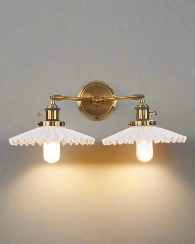 Antyczny Kinkiet Ścienny z Podwójną Głowicą w Złotym Wykończeniu – Ceramiczna Lampa do Salonu i Sypialni 0