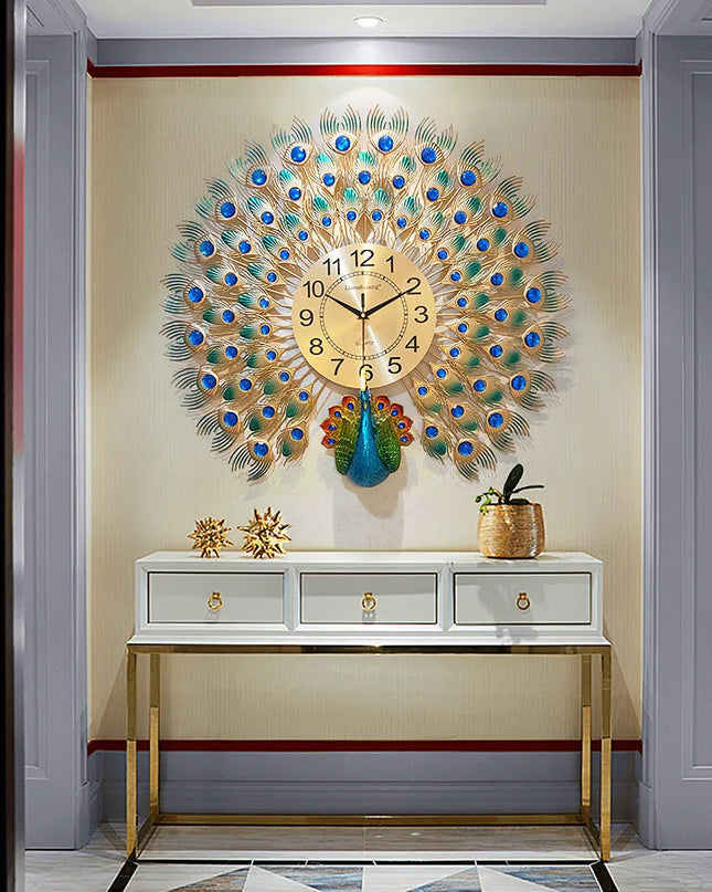 Artystyczny Zegar Ścienny Duży z Motywem Pawia – Elegancki Zegar na Ścianę do Salonu, Cichy Mechanizm, 60 cm 1