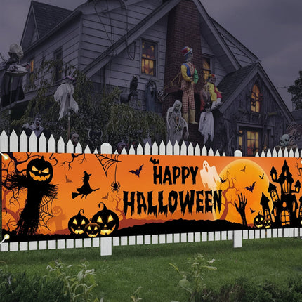 Baner zewnętrzny na Halloween z motywem dyni i nietoperza, idealny do dekoracji imprez plenerowych, 0