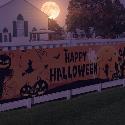 Baner zewnętrzny na Halloween z motywem dyni i nietoperza, idealny do dekoracji imprez plenerowych, 1