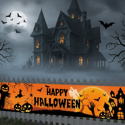 Baner zewnętrzny na Halloween z motywem dyni i nietoperza, idealny do dekoracji imprez plenerowych, 2