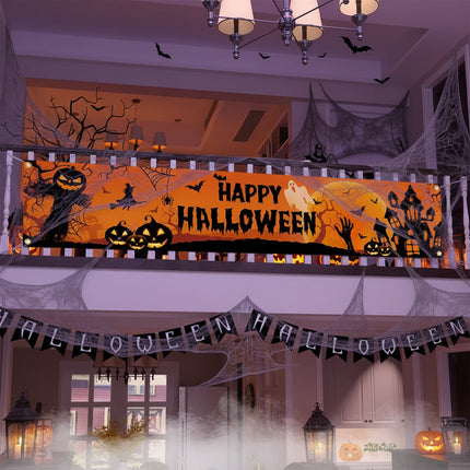 Baner zewnętrzny na Halloween z motywem dyni i nietoperza, idealny do dekoracji imprez plenerowych, 3