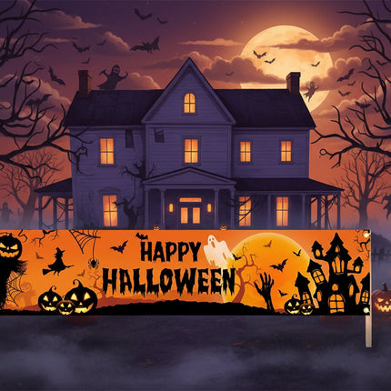 Baner zewnętrzny na Halloween z motywem dyni i nietoperza, idealny do dekoracji imprez plenerowych, 5