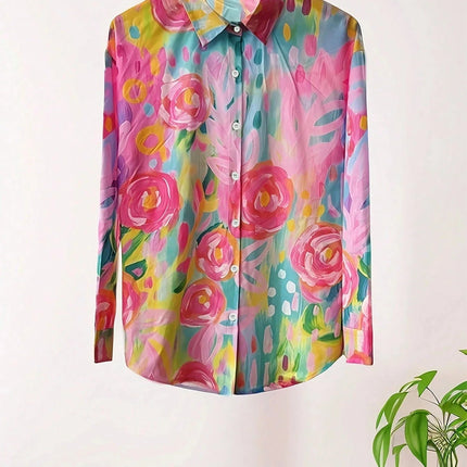 Bluzka damska w kwiaty z guzikami z przodu – kolorowy letni top w dużych rozmiarach od S do 5XL 6