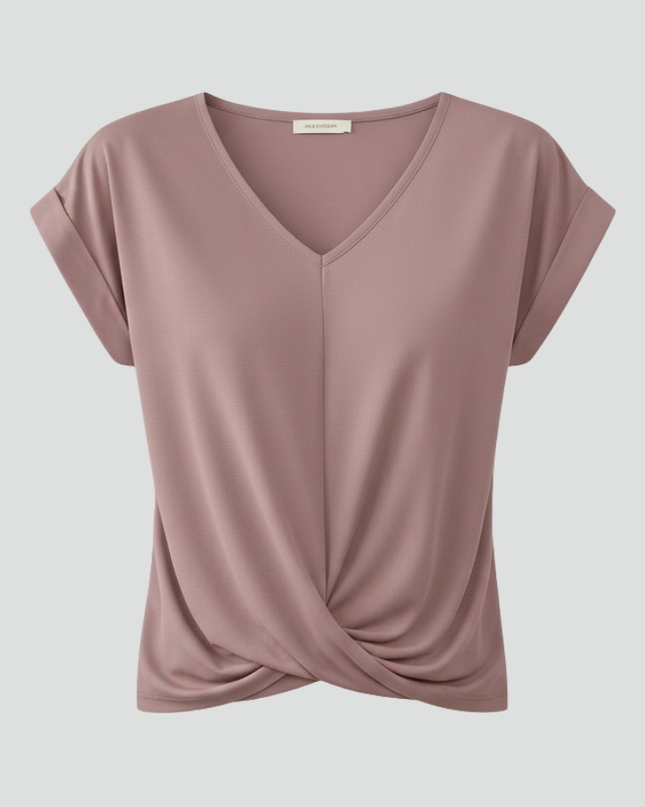 Bluzka damska z dekoltem w serek i krótkimi rękawami z lekkiego materiału – styl casual chic 1
