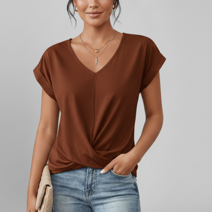 Bluzka damska z dekoltem w serek i krótkimi rękawami z lekkiego materiału – styl casual chic 4