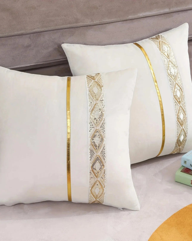 Błyszcząca Poszewka Dekoracyjna 45x45 cm z Cekinami i Złotymi Paskami - Luksusowy Styl do Wnętrz 0