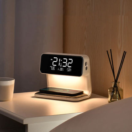 Budzik LED 3 w 1 z Ładowarką Bezprzewodową i Ściemnianą Lampą – Cyfrowy Budzik Świetlny w Białym Kolorze 0