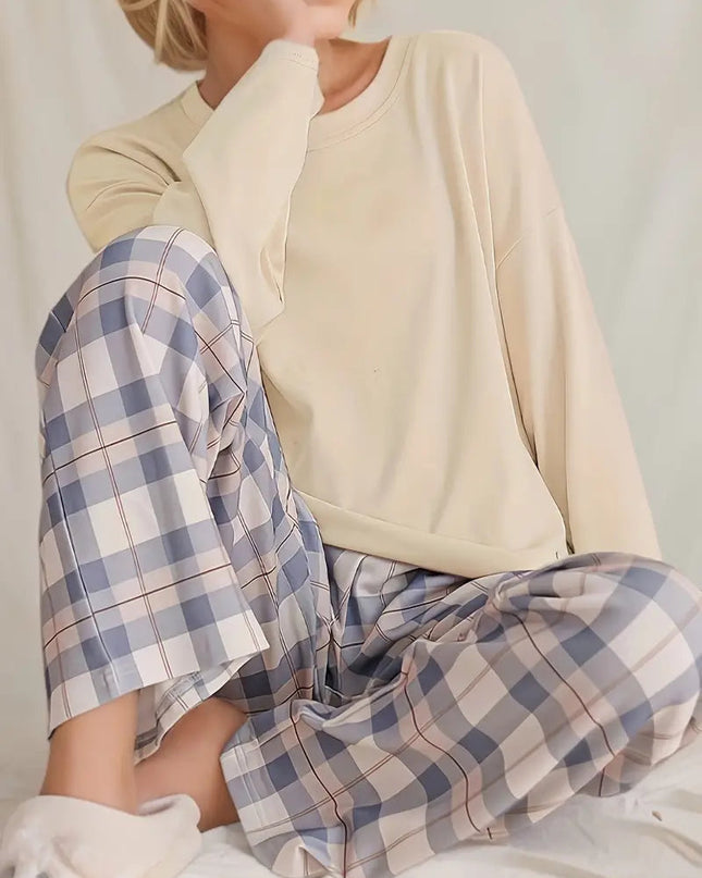 CozyPlaid – 2-częściowy damski komplet wypoczynkowy z bluzką z długim rękawem 0