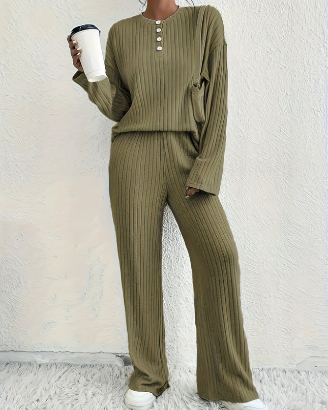 CozyRib – Stylowy, prążkowany komplet piżamowy – 2-częściowy, prążkowany komplet wypoczynkowy dla kobiet 0