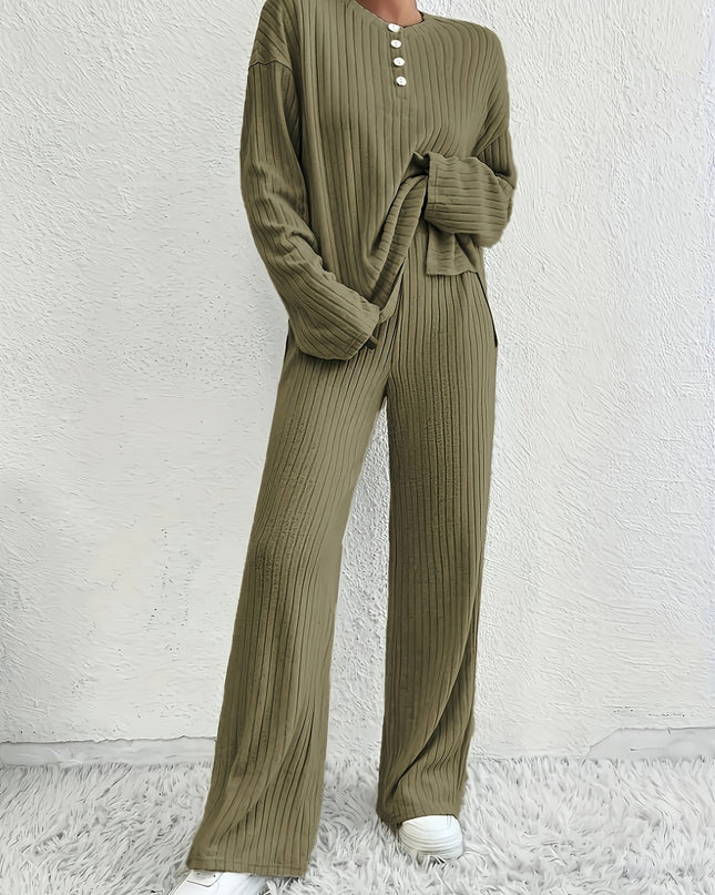 CozyRib – Stylowy, prążkowany komplet piżamowy – 2-częściowy, prążkowany komplet wypoczynkowy dla kobiet 1