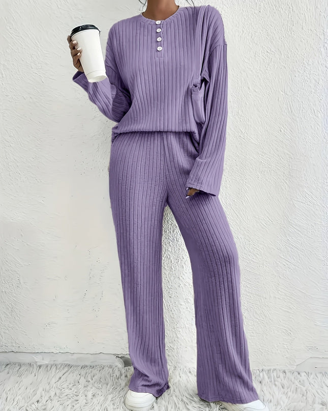 CozyRib – Stylowy, prążkowany komplet piżamowy – 2-częściowy, prążkowany komplet wypoczynkowy dla kobiet 4