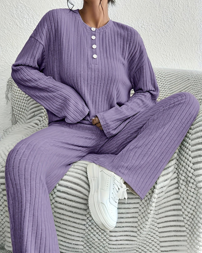 CozyRib – Stylowy, prążkowany komplet piżamowy – 2-częściowy, prążkowany komplet wypoczynkowy dla kobiet 7