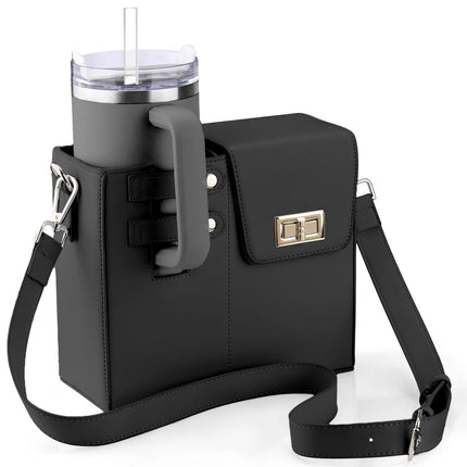 Crossbody Bag with Bottle Holder – Leather and Nylon Design for Women – Black Crossbody Bag 1