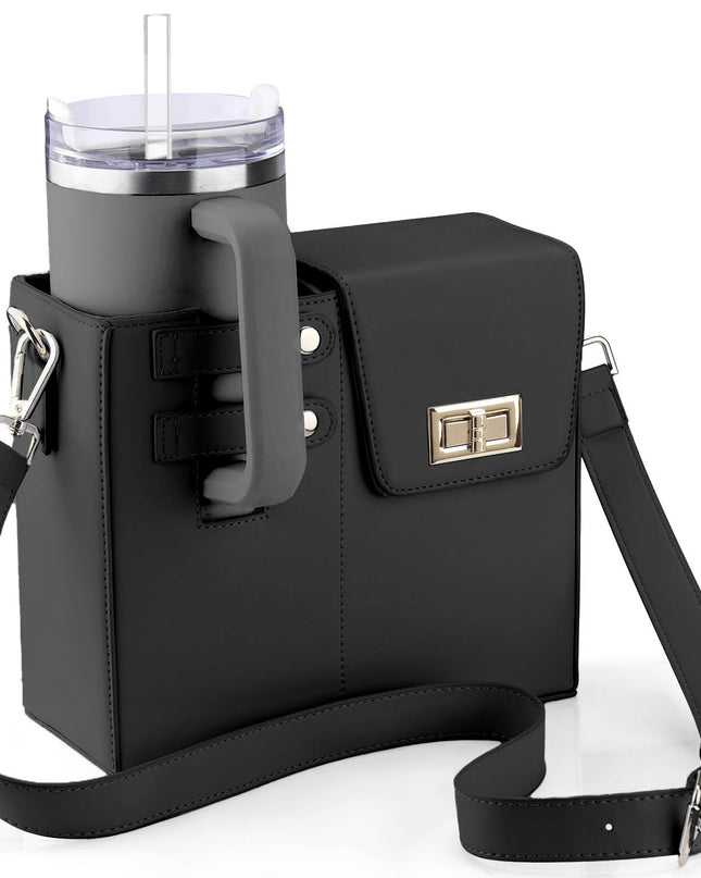 Crossbody Bag with Bottle Holder – Leather and Nylon Design for Women – Black Crossbody Bag 1