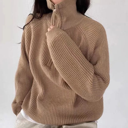 Damski sweter polo z prążkowanej dzianiny, z zamkiem 1/4, luźny fason idealny 4