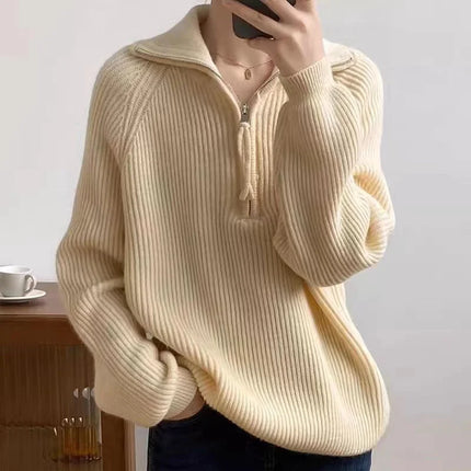 Damski sweter polo z prążkowanej dzianiny, z zamkiem 1/4, luźny fason idealny 5