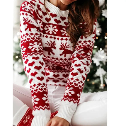 Damski sweter z nadrukiem świątecznym, wykonany z akrylu i poliestru, z długimi 5
