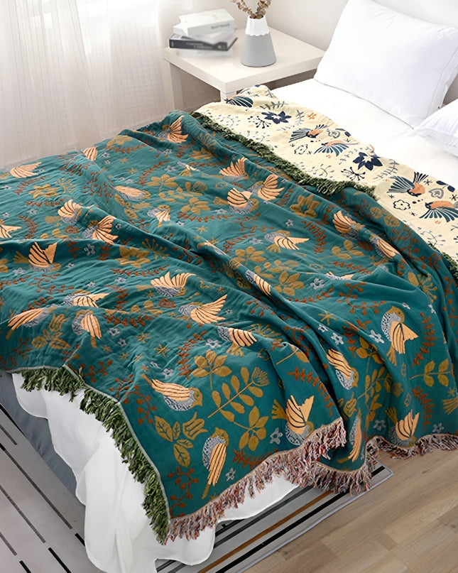 Dwustronny koc bawełniany Naturanest – motywy ptaków i kwiatów – 100% bawełna z eleganckim haftem 0