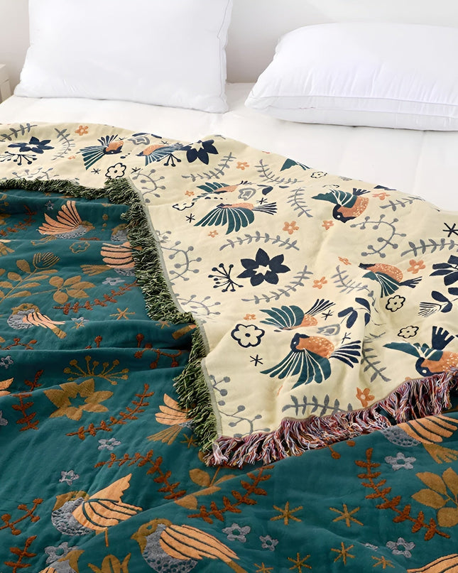 Dwustronny koc bawełniany Naturanest – motywy ptaków i kwiatów – 100% bawełna z eleganckim haftem 1