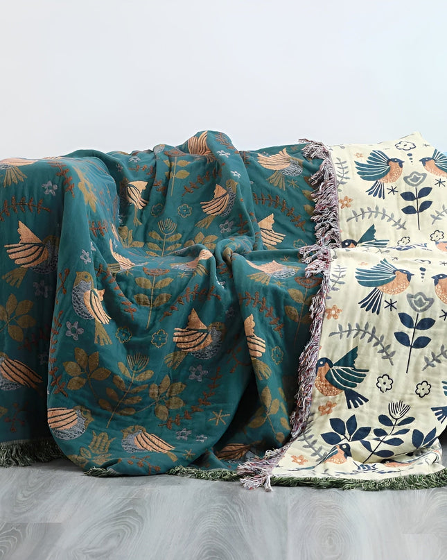 Dwustronny koc bawełniany Naturanest – motywy ptaków i kwiatów – 100% bawełna z eleganckim haftem 2