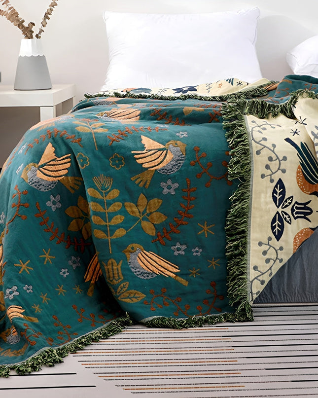 Dwustronny koc bawełniany Naturanest – motywy ptaków i kwiatów – 100% bawełna z eleganckim haftem 3