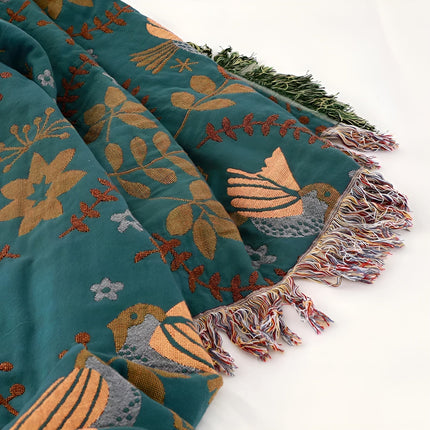 Dwustronny koc bawełniany Naturanest – motywy ptaków i kwiatów – 100% bawełna z eleganckim haftem 5