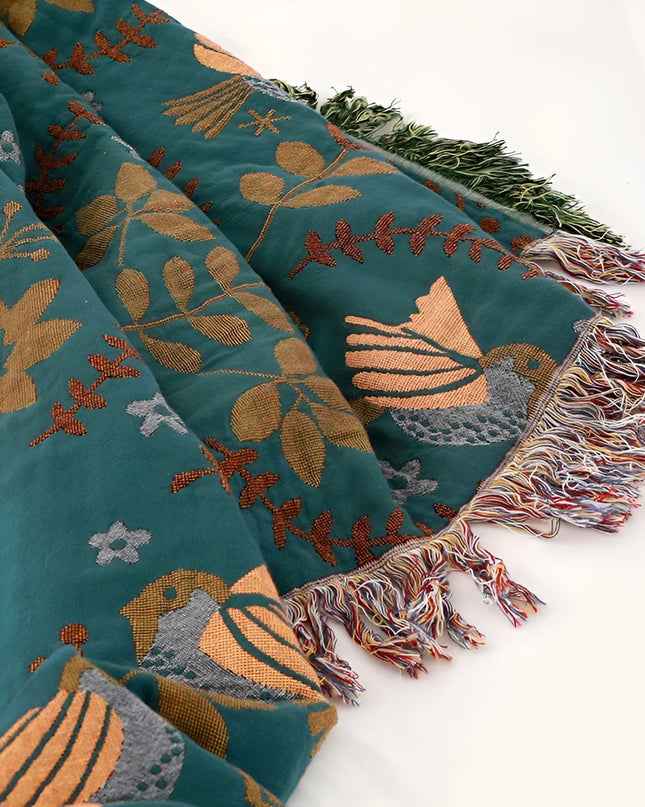 Dwustronny koc bawełniany Naturanest – motywy ptaków i kwiatów – 100% bawełna z eleganckim haftem 5