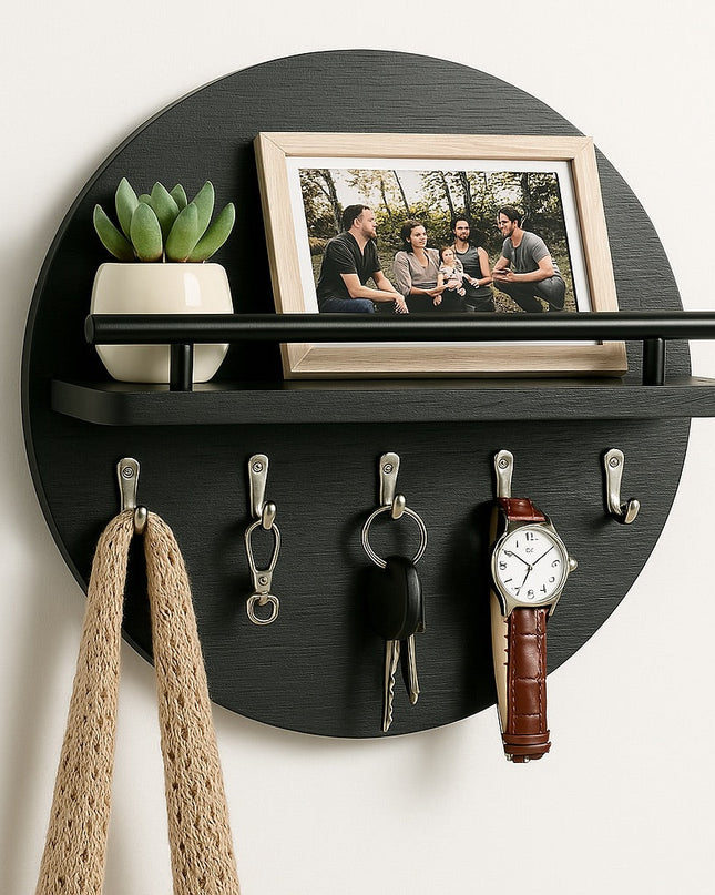 Ekologiczny organizer ścienny z drewna na klucze – okrągły kształt, naturalne wykończenie i łatwy montaż 0