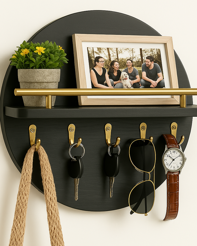 Ekologiczny organizer ścienny z drewna na klucze – okrągły kształt, naturalne wykończenie i łatwy montaż 2