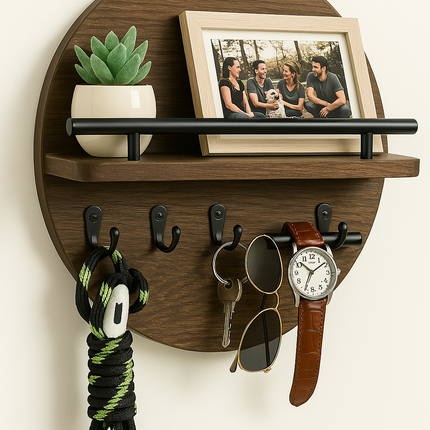 Ekologiczny organizer ścienny z drewna na klucze – okrągły kształt, naturalne wykończenie i łatwy montaż 3