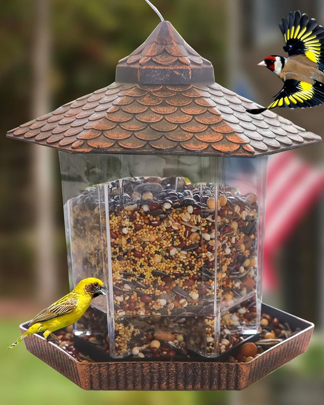 Ekologiczny wiszący karmnik dla ptaków z przezroczystym pojemnikiem na nasiona i miedzianym dachem dla dzikich ptaków – 20 cm x 22 cm 0