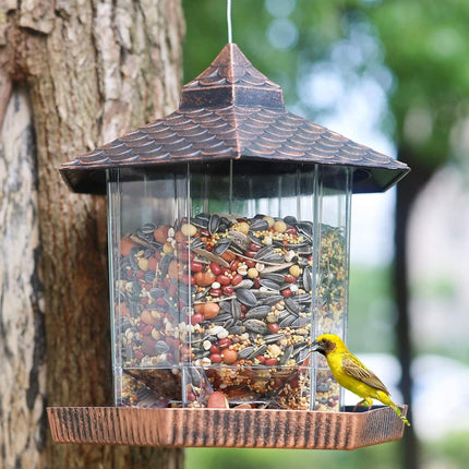 Ekologiczny wiszący karmnik dla ptaków z przezroczystym pojemnikiem na nasiona i miedzianym dachem dla dzikich ptaków – 20 cm x 22 cm 1