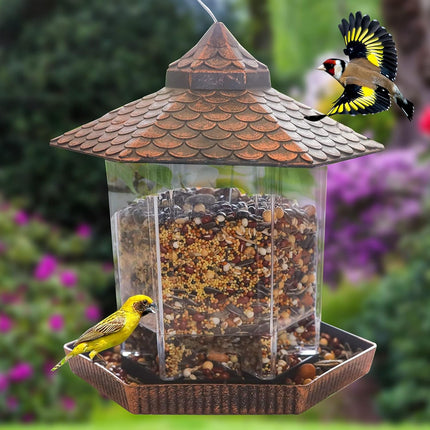 Ekologiczny wiszący karmnik dla ptaków z przezroczystym pojemnikiem na nasiona i miedzianym dachem dla dzikich ptaków – 20 cm x 22 cm 2