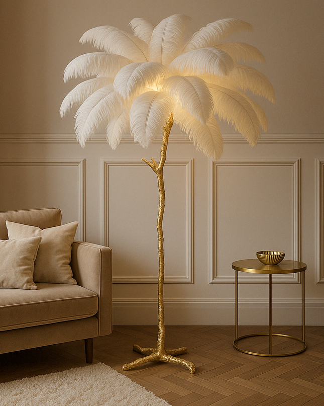 Elegancka Lampa Podłogowa z Piór Strusich, Kaskadowe Światło, 170 cm Wysokości, Idealna do Stylowych Wnętrz 0