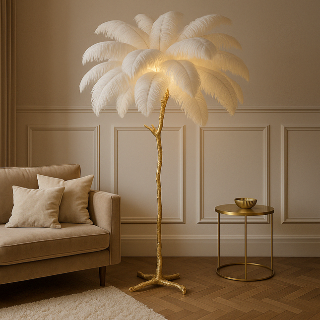 Elegancka Lampa Podłogowa z Piór Strusich, Kaskadowe Światło, 170 cm Wysokości, Idealna do Stylowych Wnętrz 0
