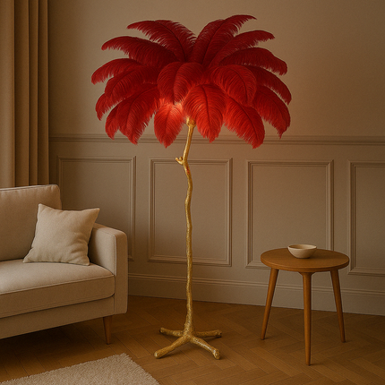 Elegancka Lampa Podłogowa z Piór Strusich, Kaskadowe Światło, 170 cm Wysokości, Idealna do Stylowych Wnętrz 1