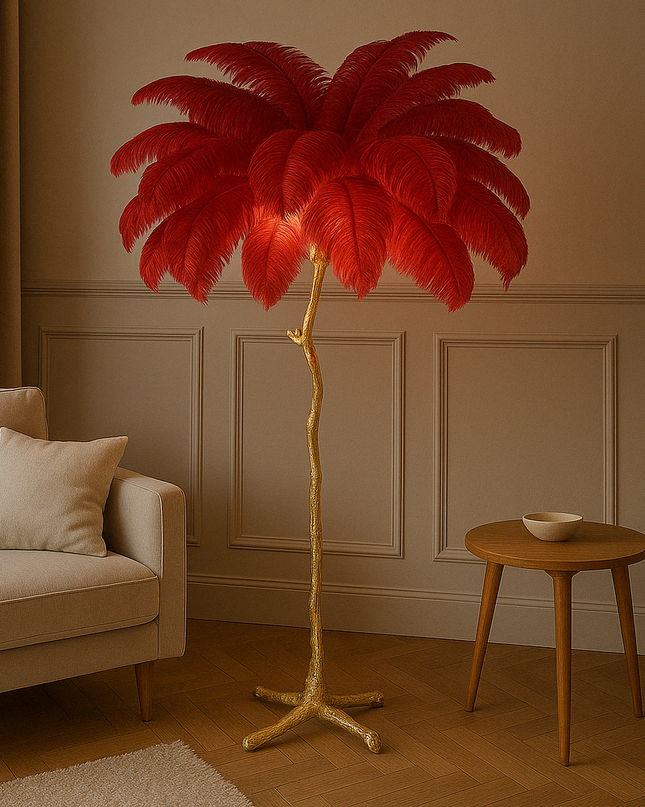 Elegancka Lampa Podłogowa z Piór Strusich, Kaskadowe Światło, 170 cm Wysokości, Idealna do Stylowych Wnętrz 1