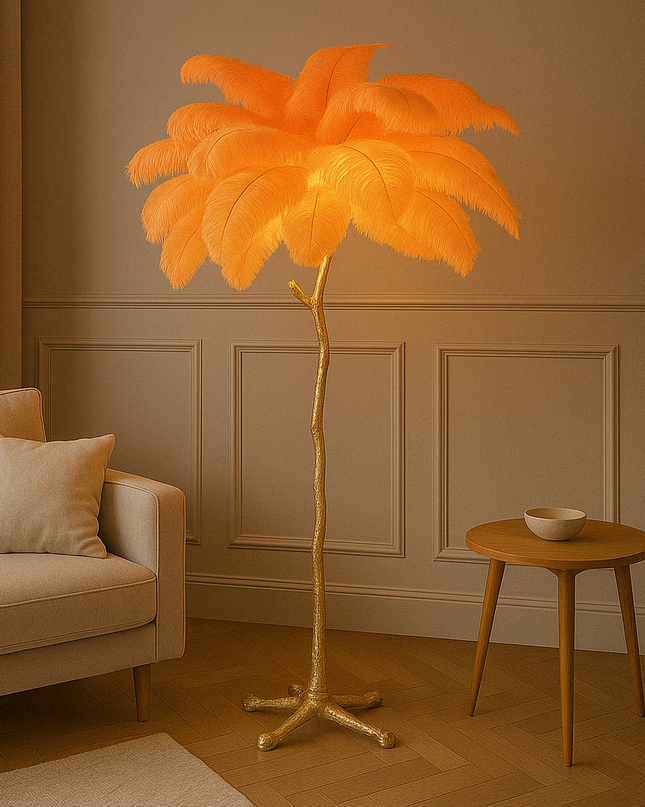Elegancka Lampa Podłogowa z Piór Strusich, Kaskadowe Światło, 170 cm Wysokości, Idealna do Stylowych Wnętrz 2