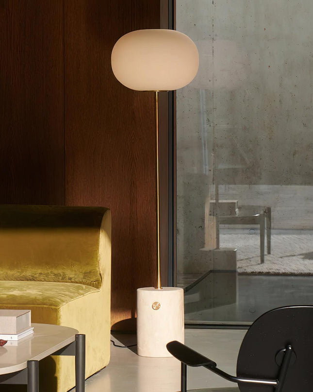 Elegancka Lampa Podłogowa z Żółtego Trawertynu i Matowego Szkła – Stojąca Lampa Złota, 60 cali 4