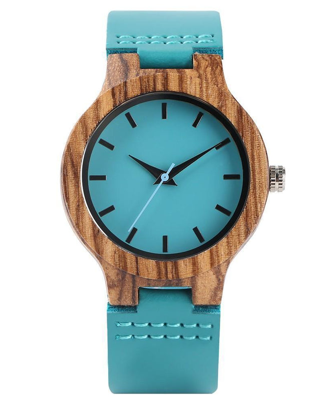 Elegancki Zegarek Damski z Naturalnego Bambusa i Turkusowym Akcentem – Ekologiczny Zegarek z Skórzanym Paskiem, Kwarcowy Mechanizm 0