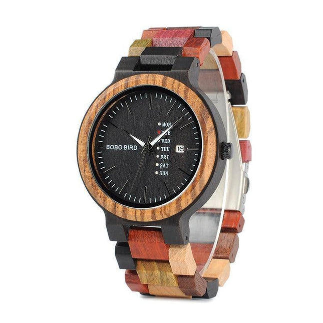 Elegancki Zegarek Męski Kwarcowy z Datownikiem – Drewniany Okrągły Casual, 44 mm, Wodoodporny 0
