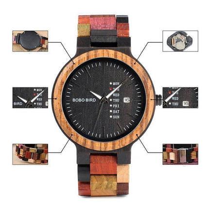 Elegancki Zegarek Męski Kwarcowy z Datownikiem – Drewniany Okrągły Casual, 44 mm, Wodoodporny 2