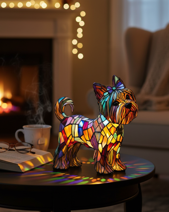 Figurka dekoracyjna Yorkshire Terrier z żywicy w geometrycznym designie, o wymiarach 7x6,7 cala, 1